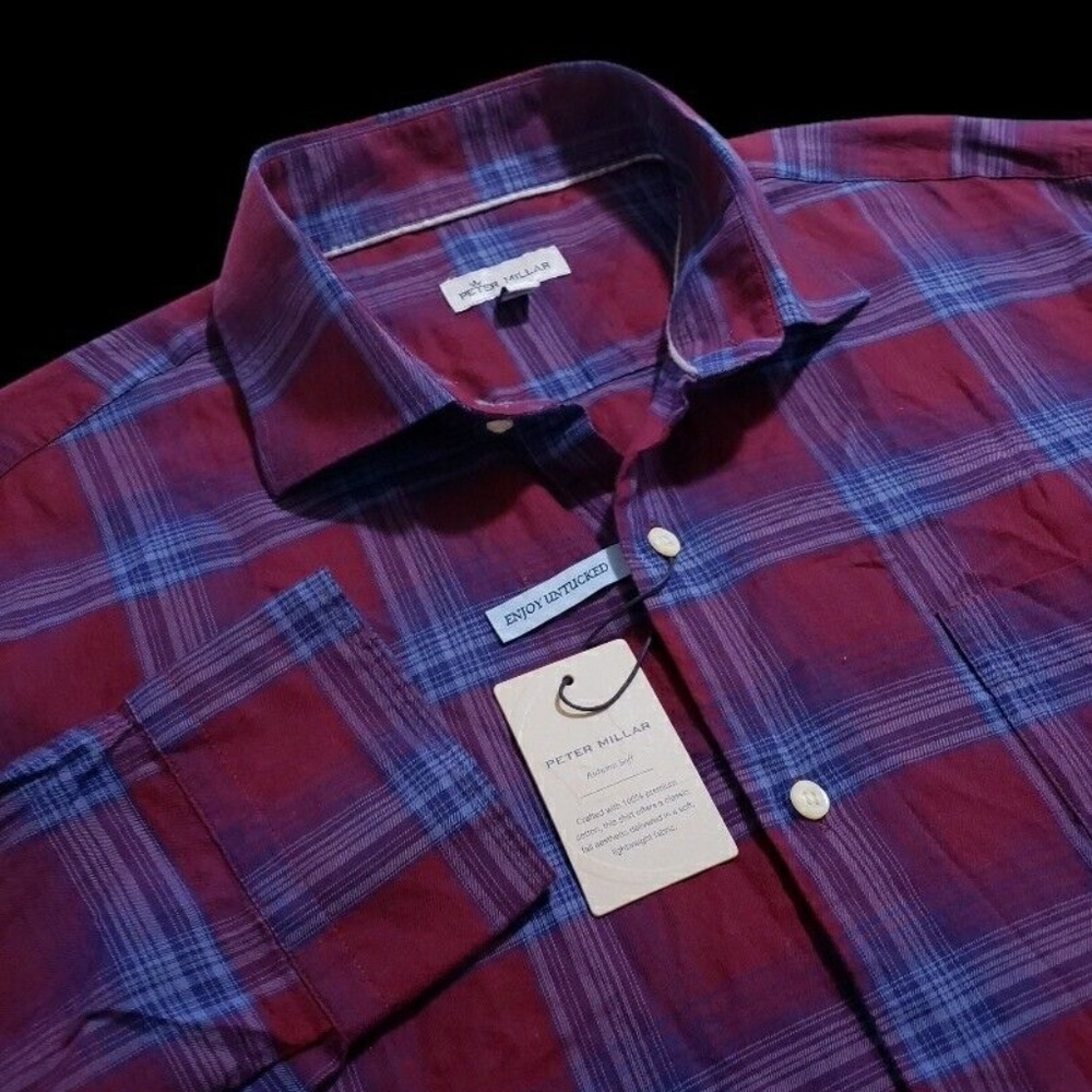 NEW Peter Millar Soft Cotton Plaid Burgundy XL Long Sleeve Sport Shirt $148